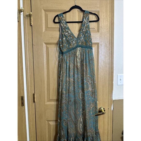 Ranna Gill Anthropologie Dress 8 Boho Paisley Sequin Embroidered Maxi Sleeveless - Picture 4 of 16